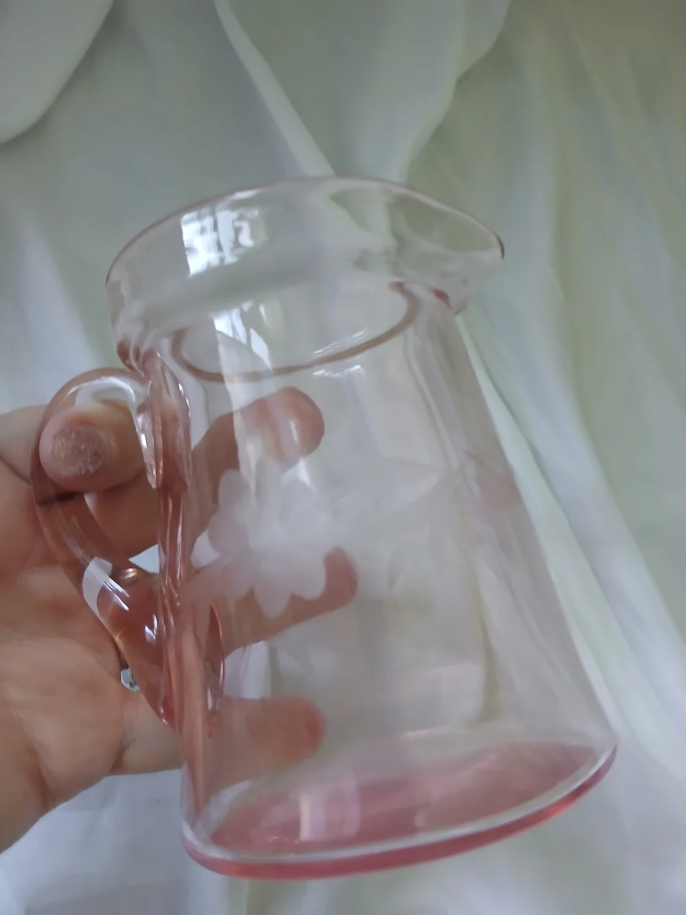 Pink Floral Etched Glass  w/ Handle, 8 oz, 5 in Tall Decorative